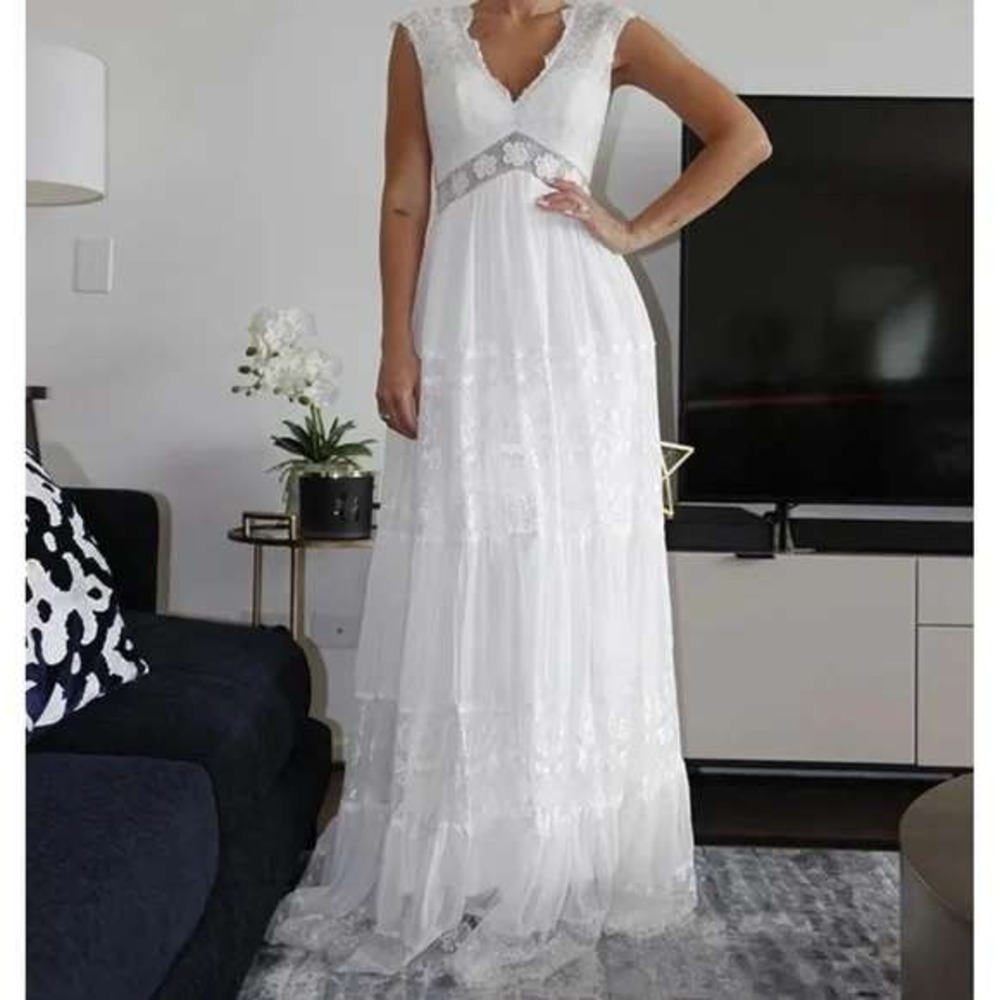 Hebeos‎ White Lace V-Neck Tiered Maxi Dress Bohemian Bridal Wedding Gown New M
